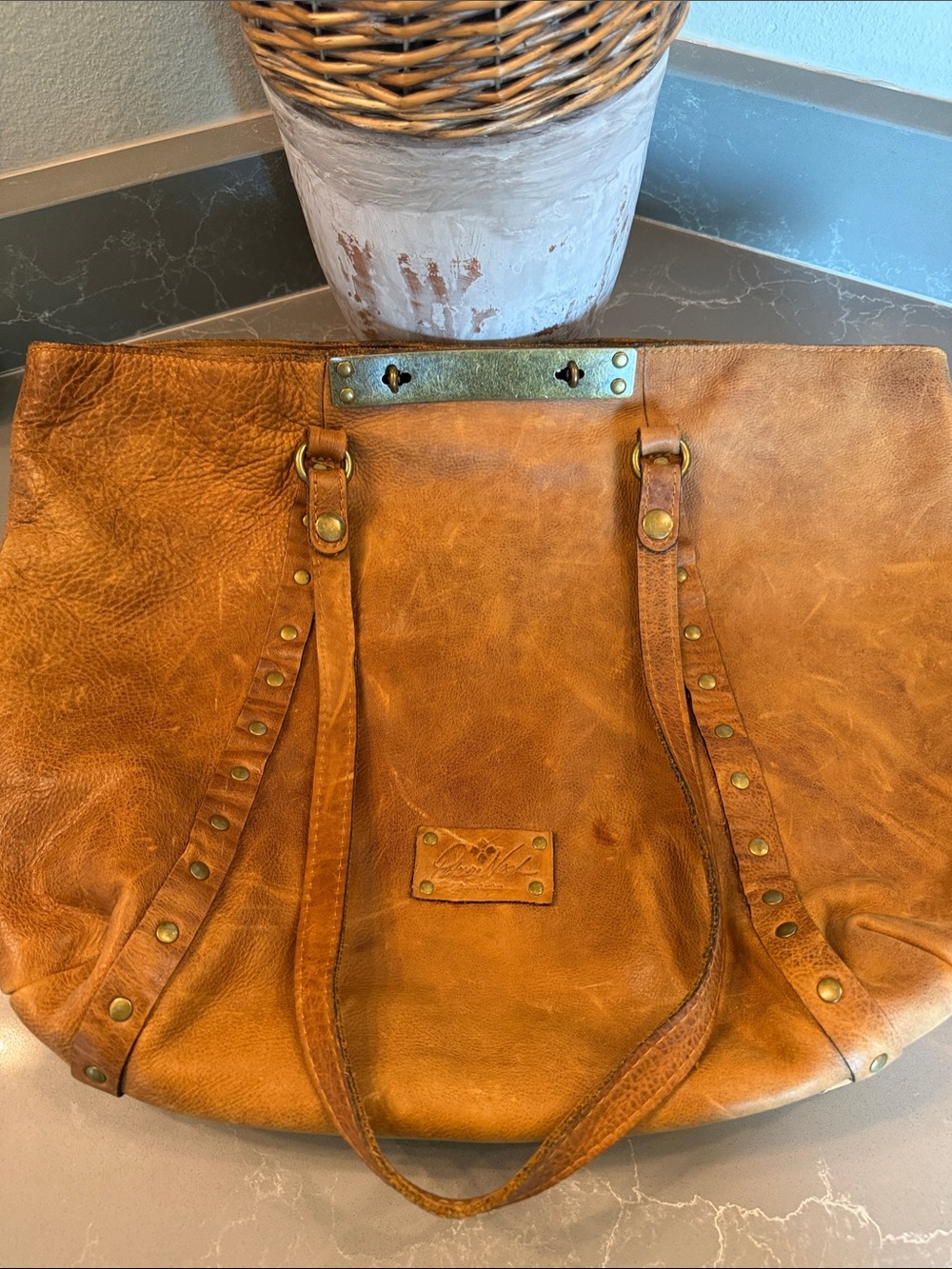 Patricia Nash Leather Rivet-Accent Tote Bag in Cognac Brown